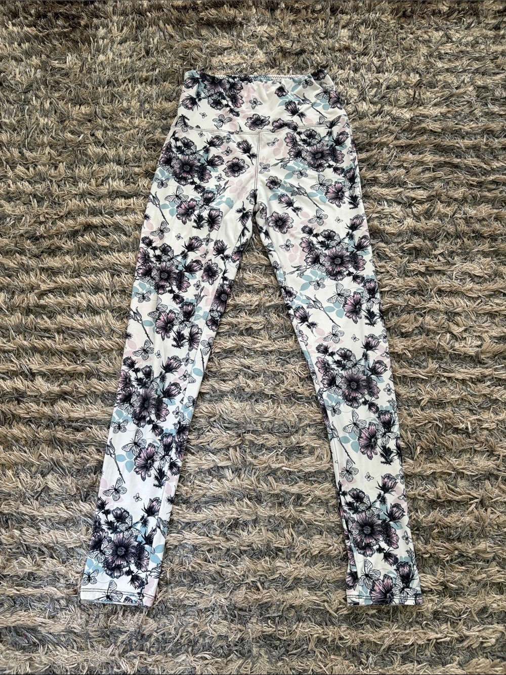 Women's Floral Print High-Waist Leggings - White with Black & Pink Floral
